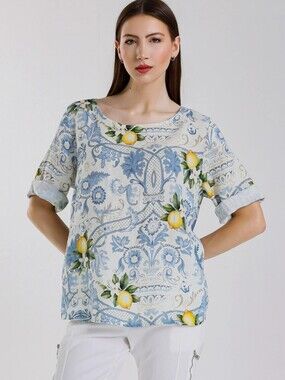 Tina Stephens Made In Italy 100% Linen Blouse, Amalfi Print🍋